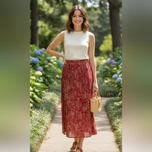 Elegant Red and Gold Floral Pleated Skirt From Leslie Fay Women's Size 10